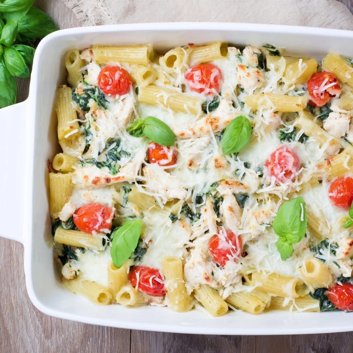 Golden bubbly creamy pesto chicken pasta bake fresh from the oven with melted mozzarella topping