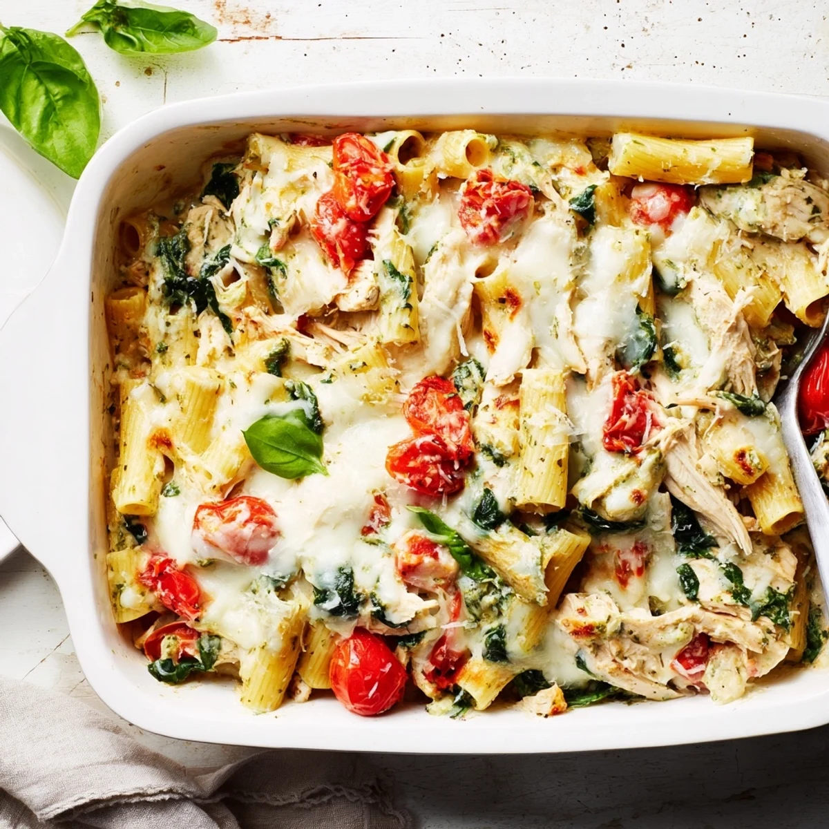 Hearty Italian-inspired casserole with al dente penne coated in savory cheesy pesto sauce and shredded chicken breast