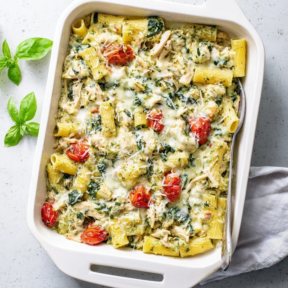 Comforting baked pasta dish featuring tender chicken cubes in rich basil pesto cream sauce with cherry tomatoes