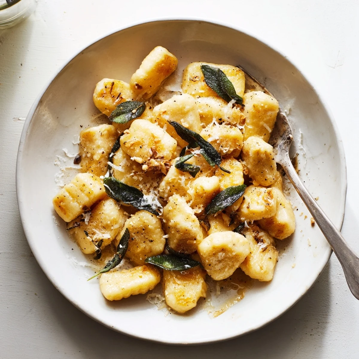 Golden brown butter sage gnocchi coated in melted Parmesan with crispy fried sage leaves