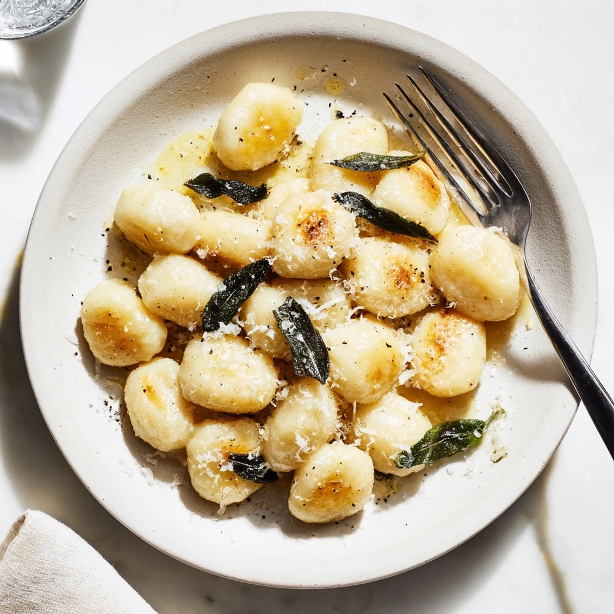Plate of brown butter sage gnocchi sprinkled with grated Parmesan and black pepper