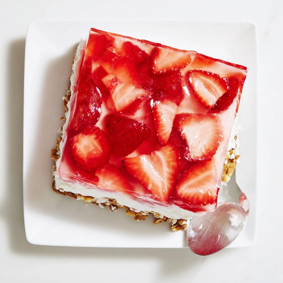 Golden pretzel crust layered with creamy filling and fresh strawberries in this classic strawberry crackle salad dessert