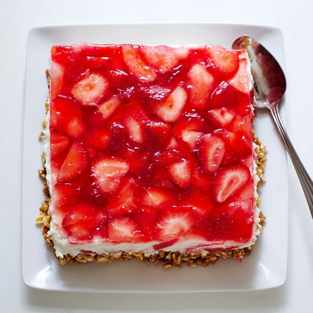 Sliced strawberries suspended in bright red gelatin atop a fluffy cream cheese layer in strawberry crackle salad