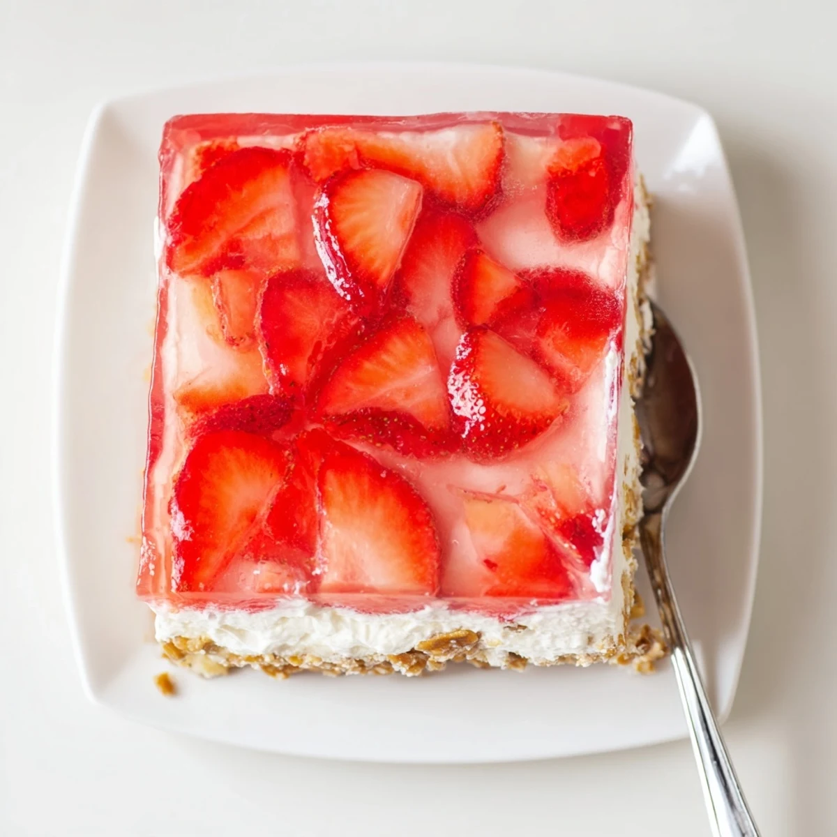 Chilled square serving of strawberry crackle salad revealing the crunchy pretzel base creamy middle and jewel-toned fruit topping