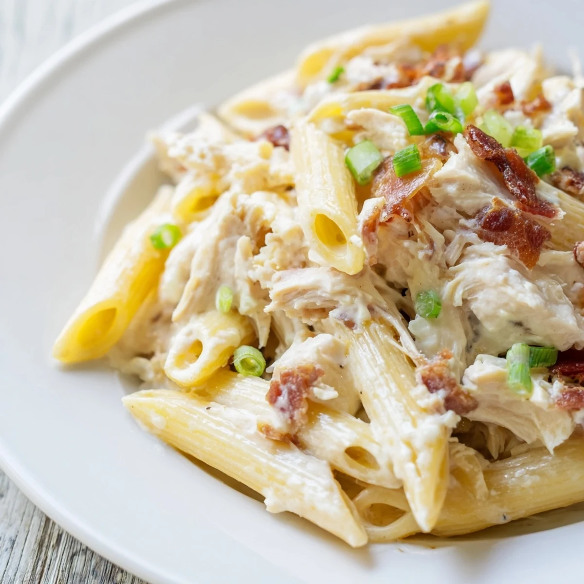 Rich and comforting crack chicken pasta bowl loaded with tender chicken and savory ranch cheese sauce