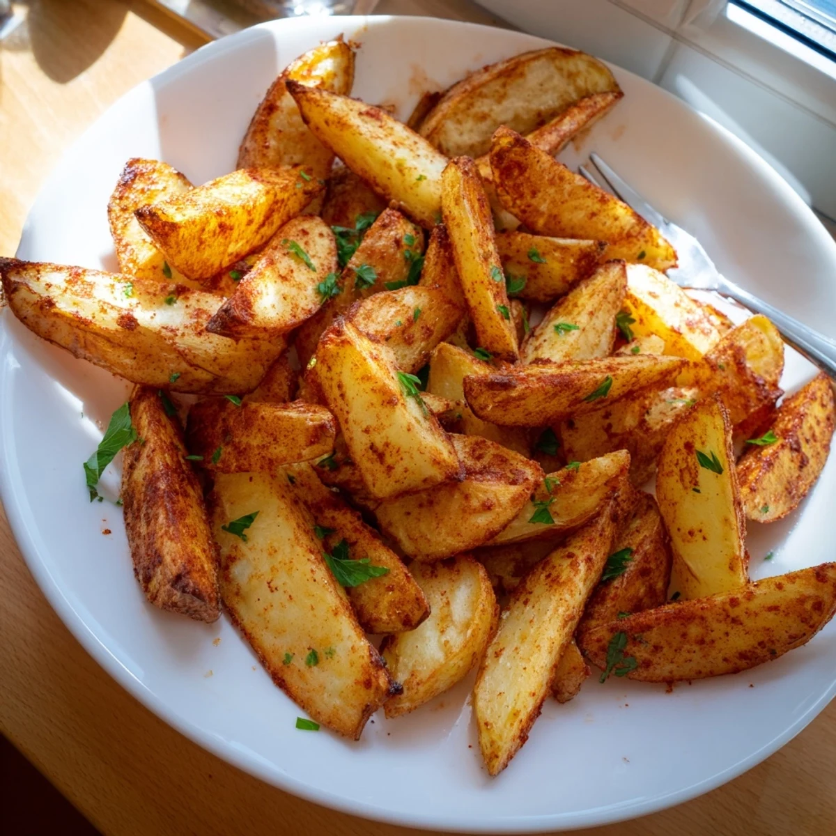 Golden brown crispy air fryer potato wedges seasoned with paprika and garlic powder