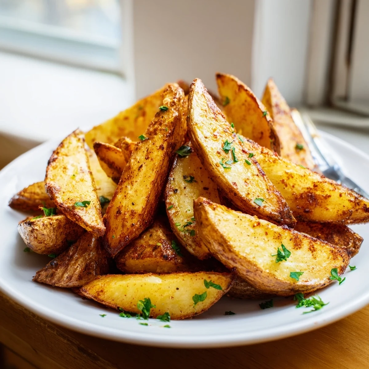Fluffy inside air fryer potato wedges served on white plate with fresh parsley garnish