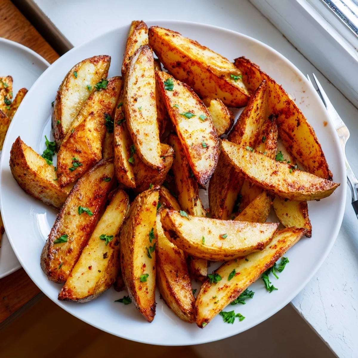 Heap of seasoned potato wedges arranged on rustic cutting board with dipping sauce nearby