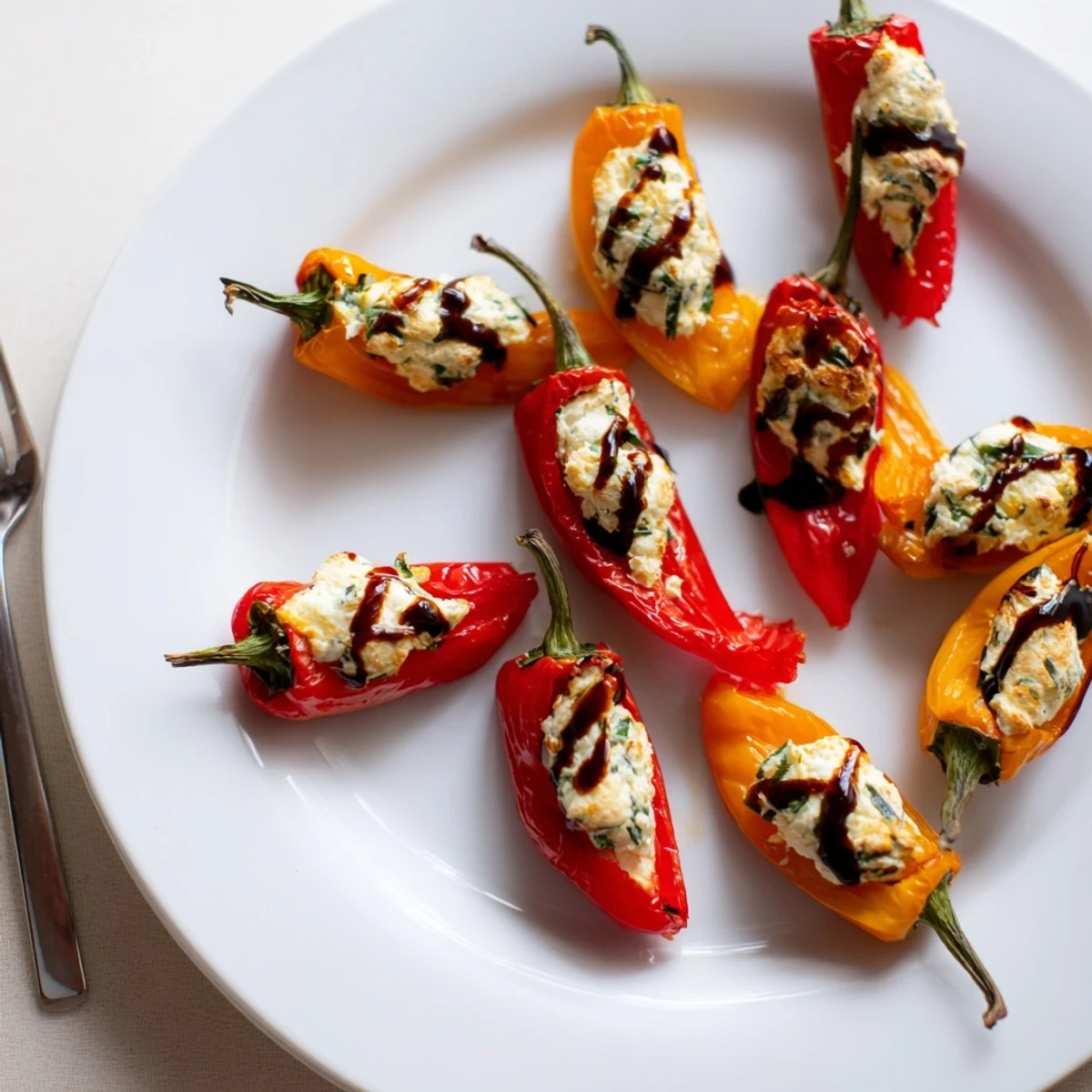 Golden roasted mini peppers filled with creamy herbed goat cheese on a white serving platter