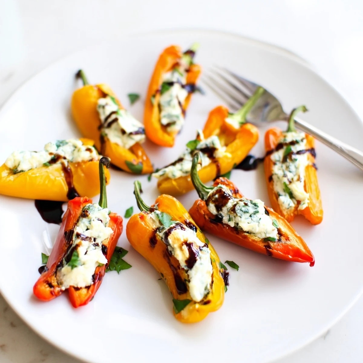 Colorful Mediterranean appetizer featuring sweet pepper halves stuffed with savory cheese and fresh herbs
