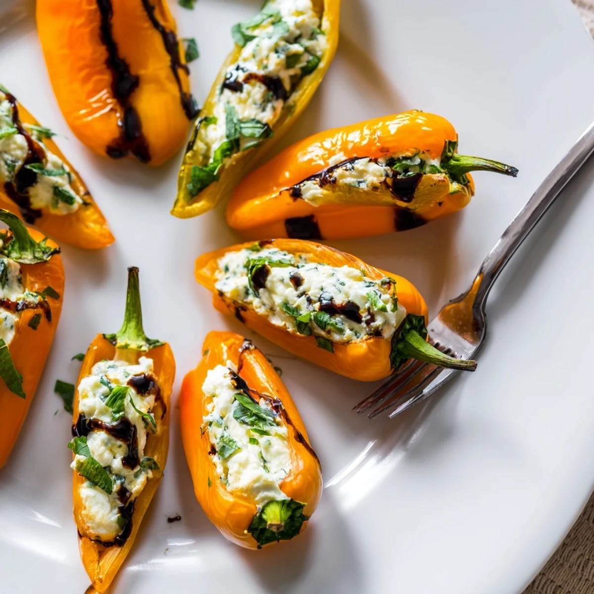 Bite-sized goat cheese stuffed mini peppers drizzled with balsamic glaze and garnished with chives