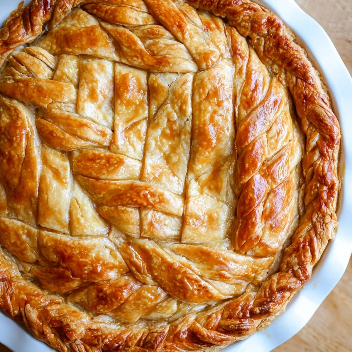 Golden brown fishtail braid pie crust with intricate woven edges on a ceramic plate