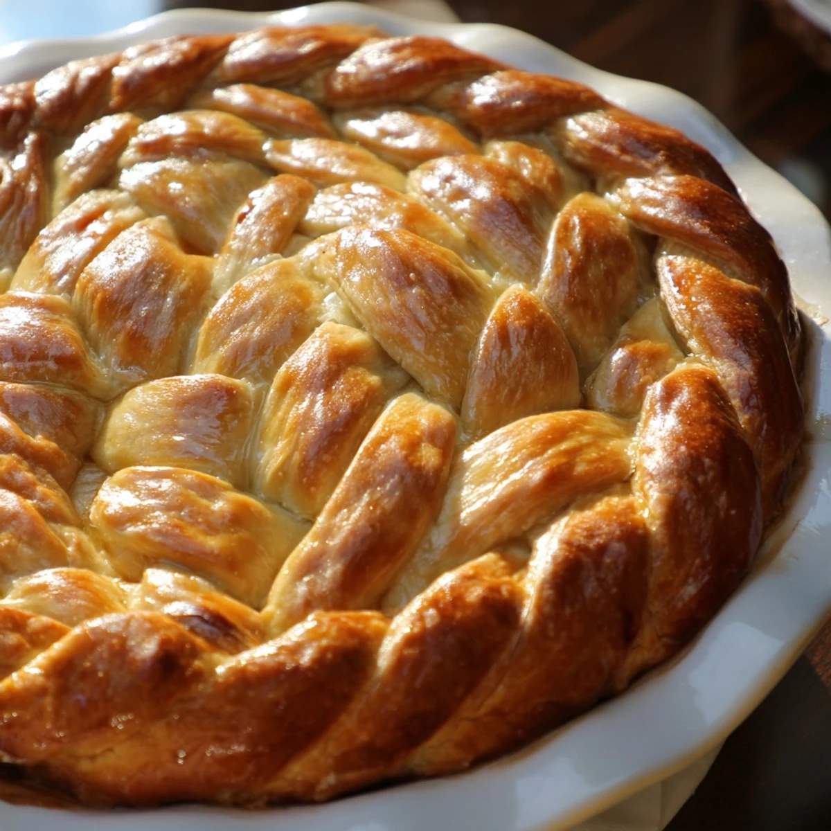 Close-up of decorative fishtail braid pie crust brushed with egg wash ready for baking