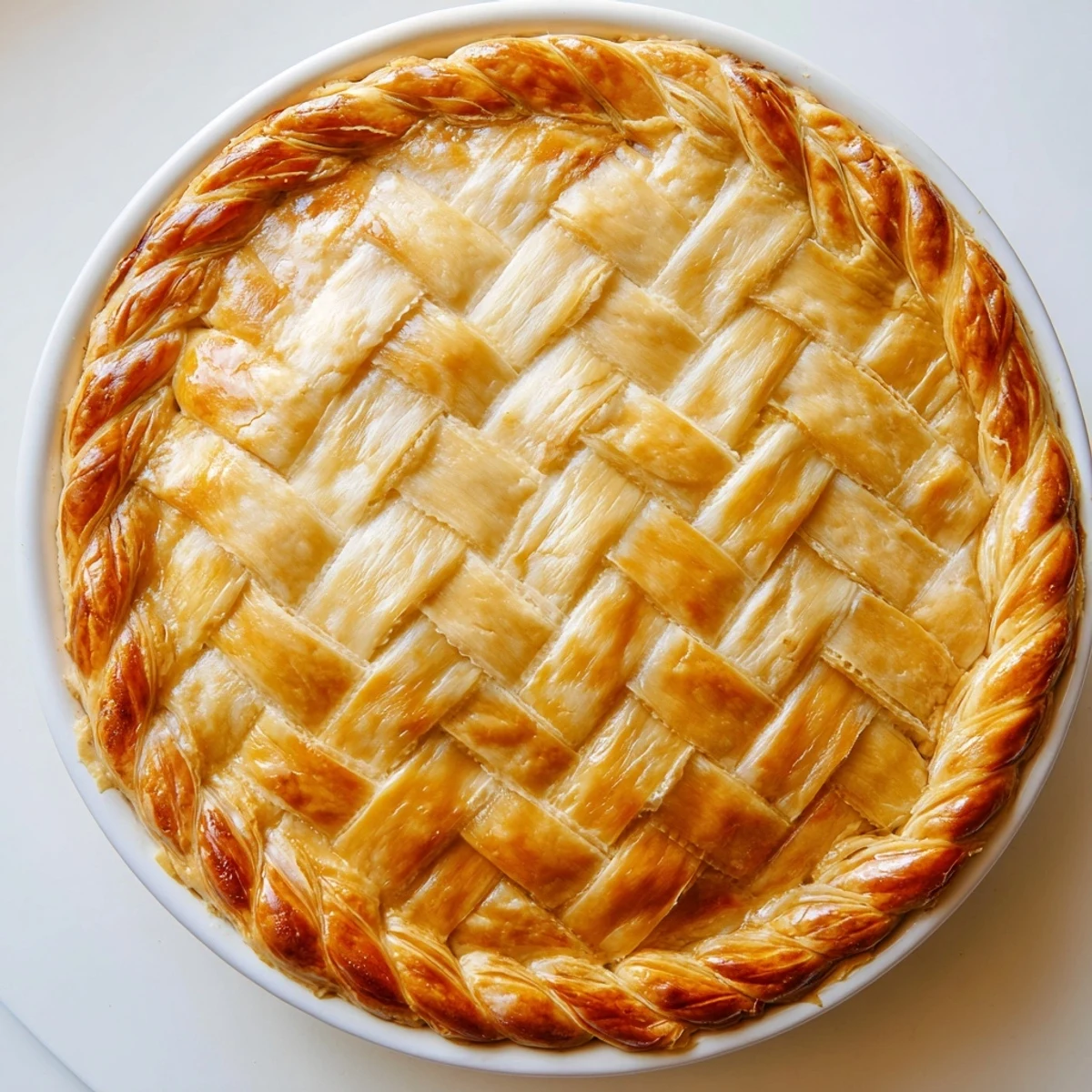 Homemade pie featuring elegant four-strand fishtail braid border with flaky, buttery texture
