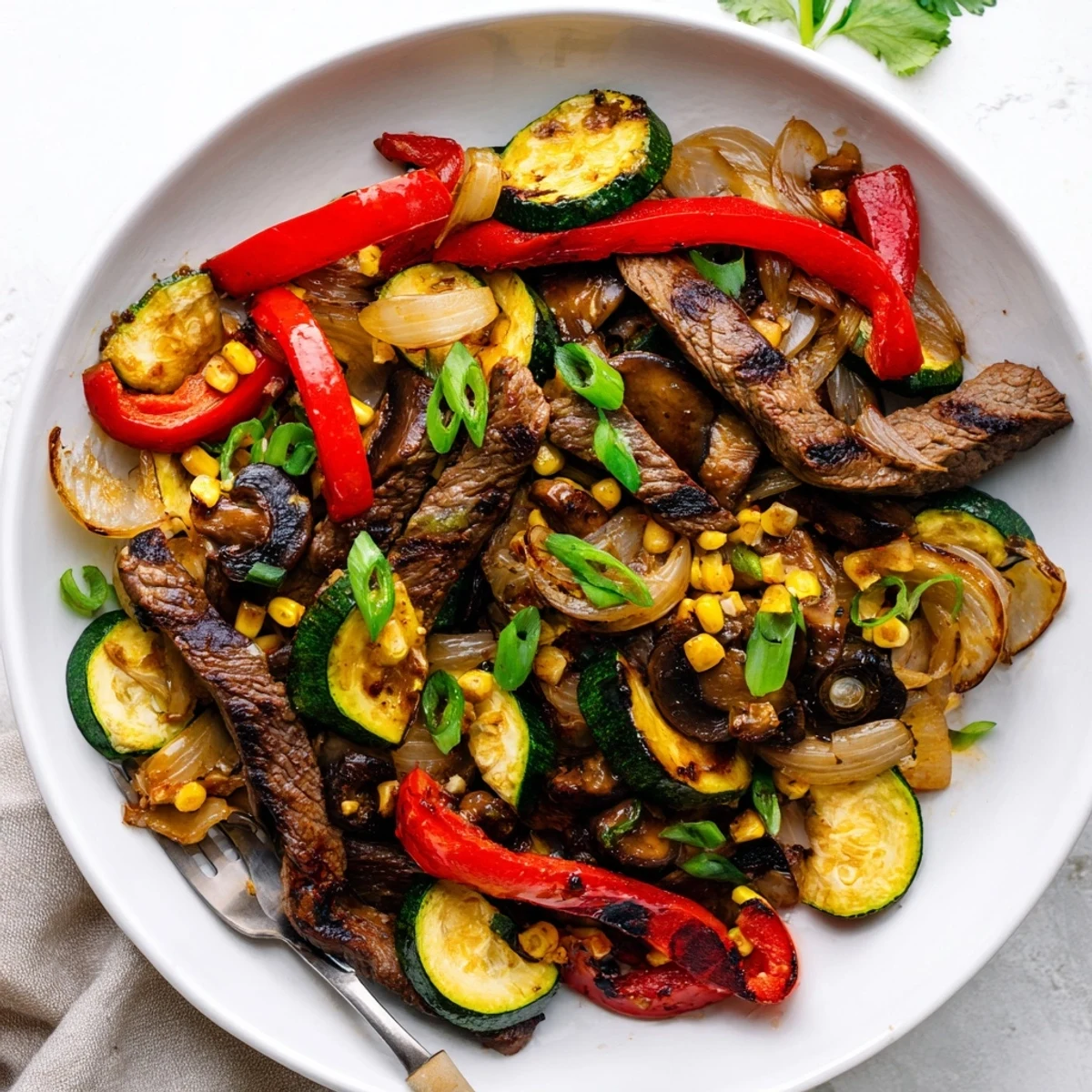 Hearty Blackstone Cowboy Stir Fry featuring sizzling steak, charred vegetables, and glossy caramelized sauce on a griddle