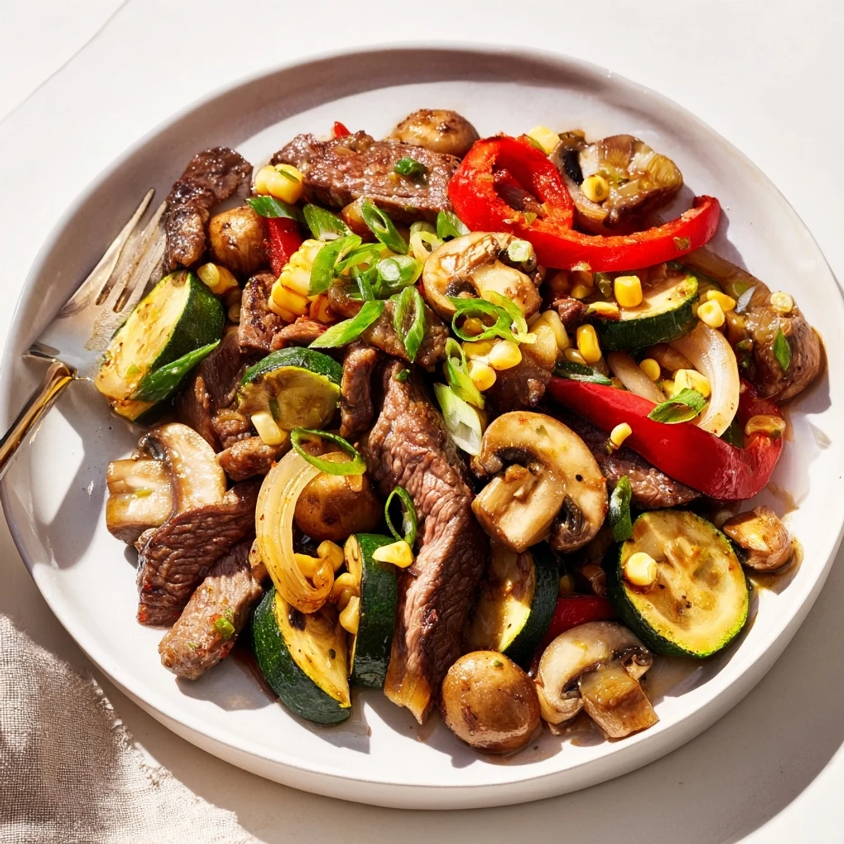 Rustic Blackstone Cowboy Stir Fry with tender beef, colorful peppers, zucchini, and smoky seasonings ready to serve
