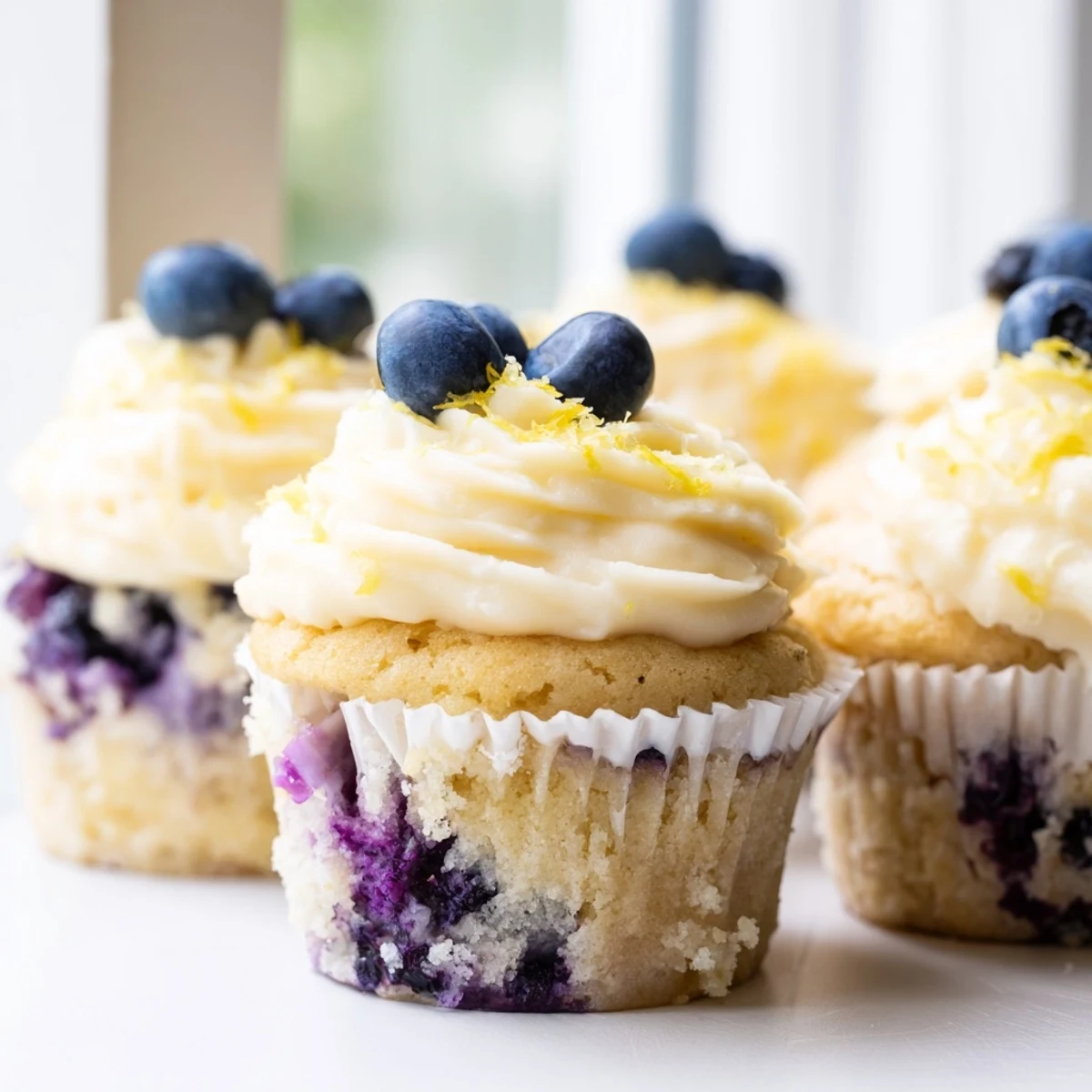 Fluffy lemon blueberry cupcakes topped with tangy cream cheese frosting and fresh blueberry garnish