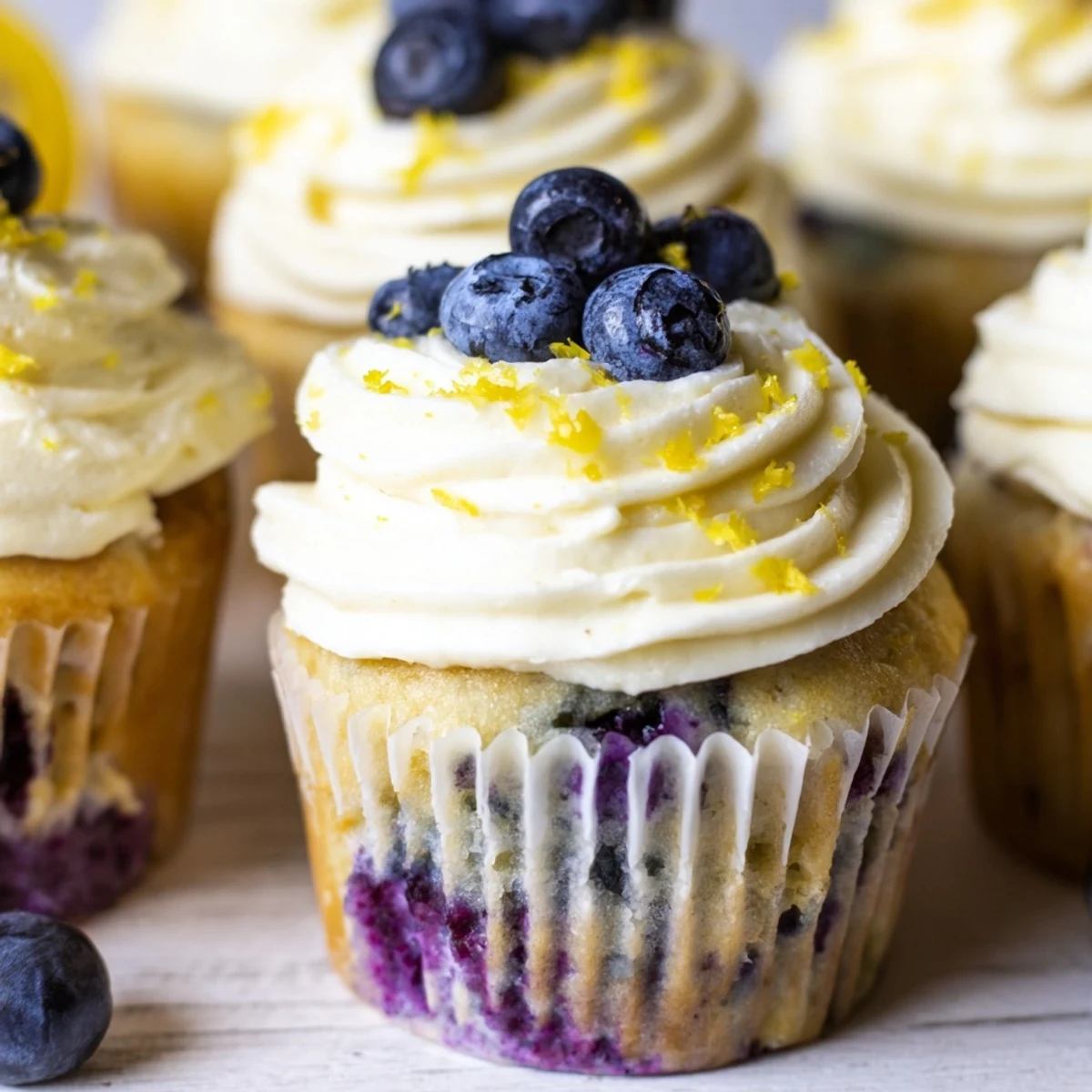 Close-up of moist lemon blueberry cupcakes with zesty frosting and purple blueberry bursting through