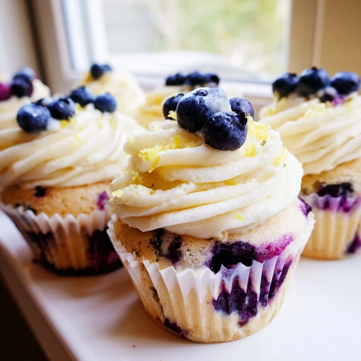 Golden lemon blueberry cupcakes with cream cheese frosting served on a white decorative plate