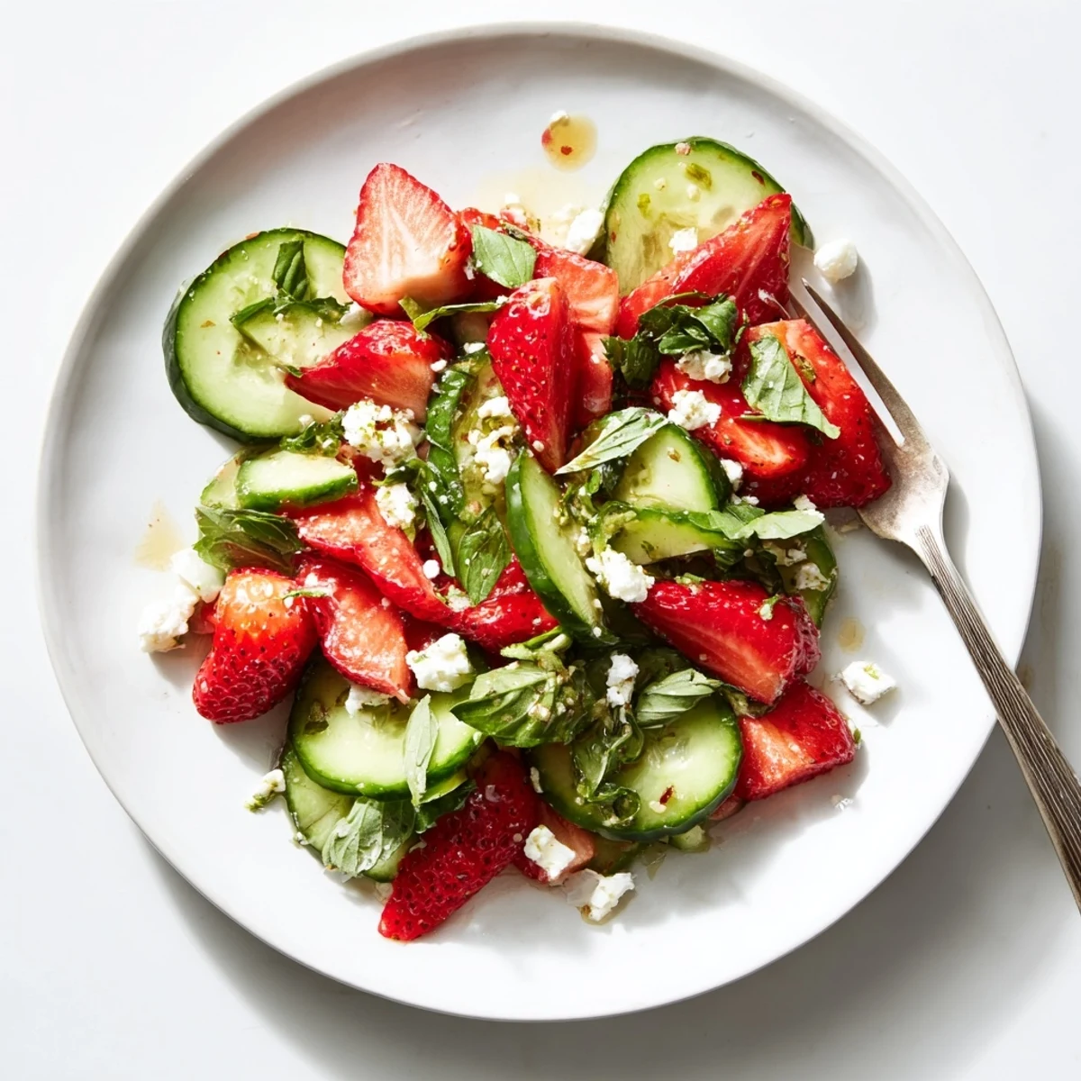 Fresh strawberry cucumber salad tossed with mint and basil in light dressing