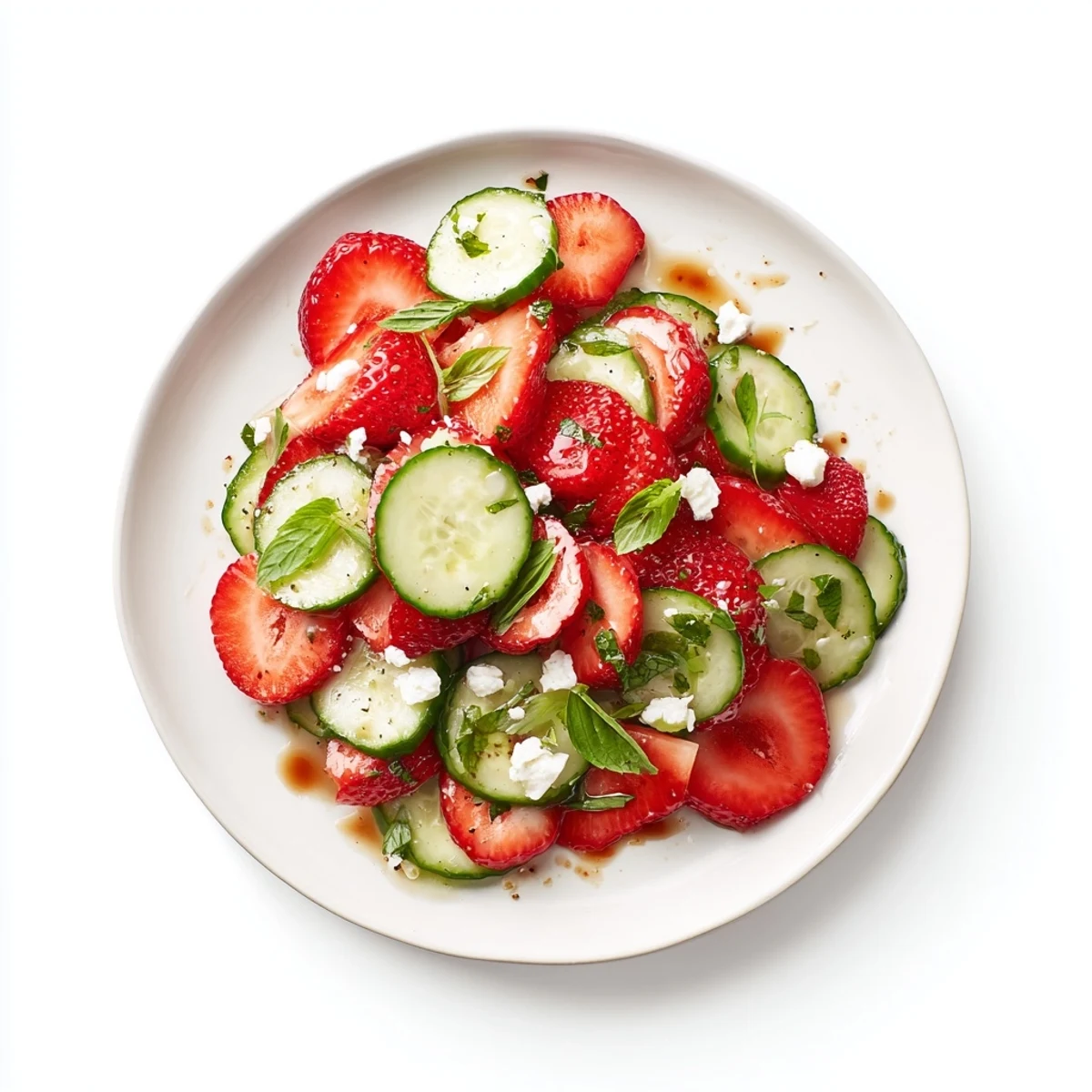 Vibrant bowl of sliced strawberries and crisp cucumbers with tangy balsamic glaze