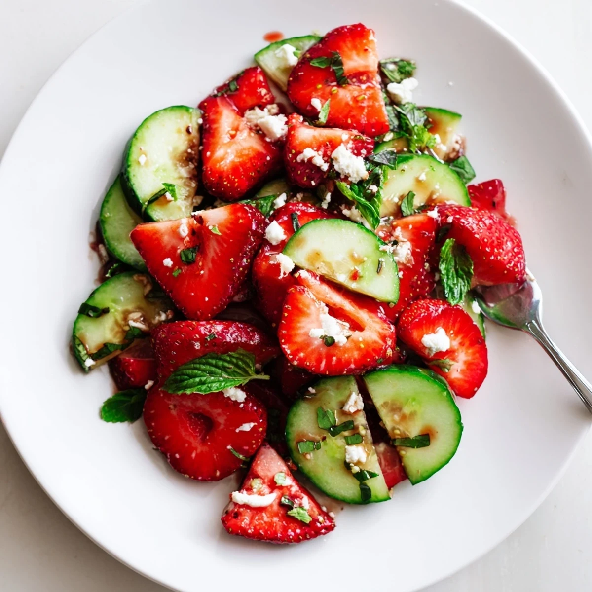 Summer strawberry cucumber salad with feta garnish on white serving platter