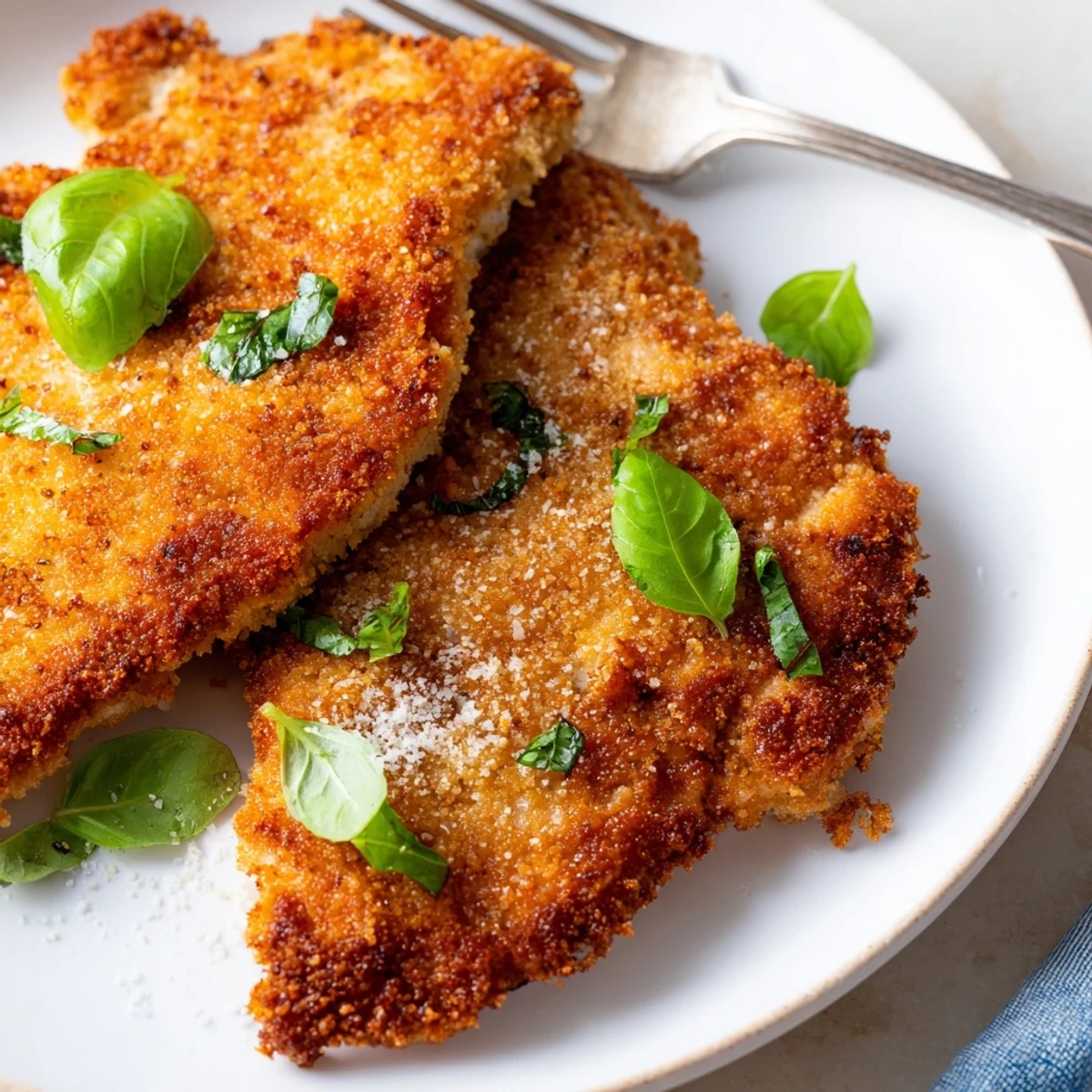 Golden Parmesan basil chicken cutlets with crispy panko crust and fresh green basil garnish