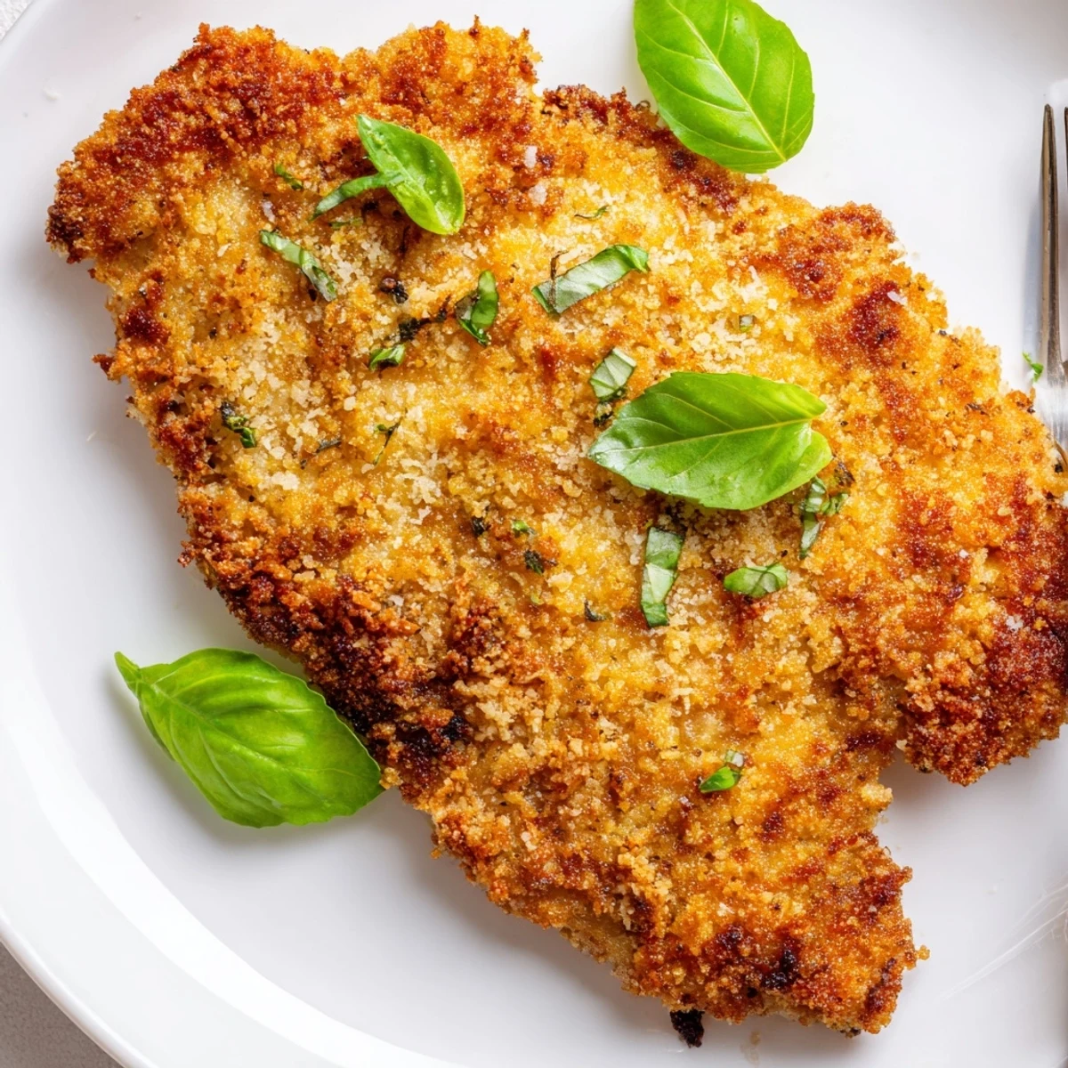 Perfect weeknight dinner featuring juicy fried chicken cutlets topped with grated Parmesan cheese