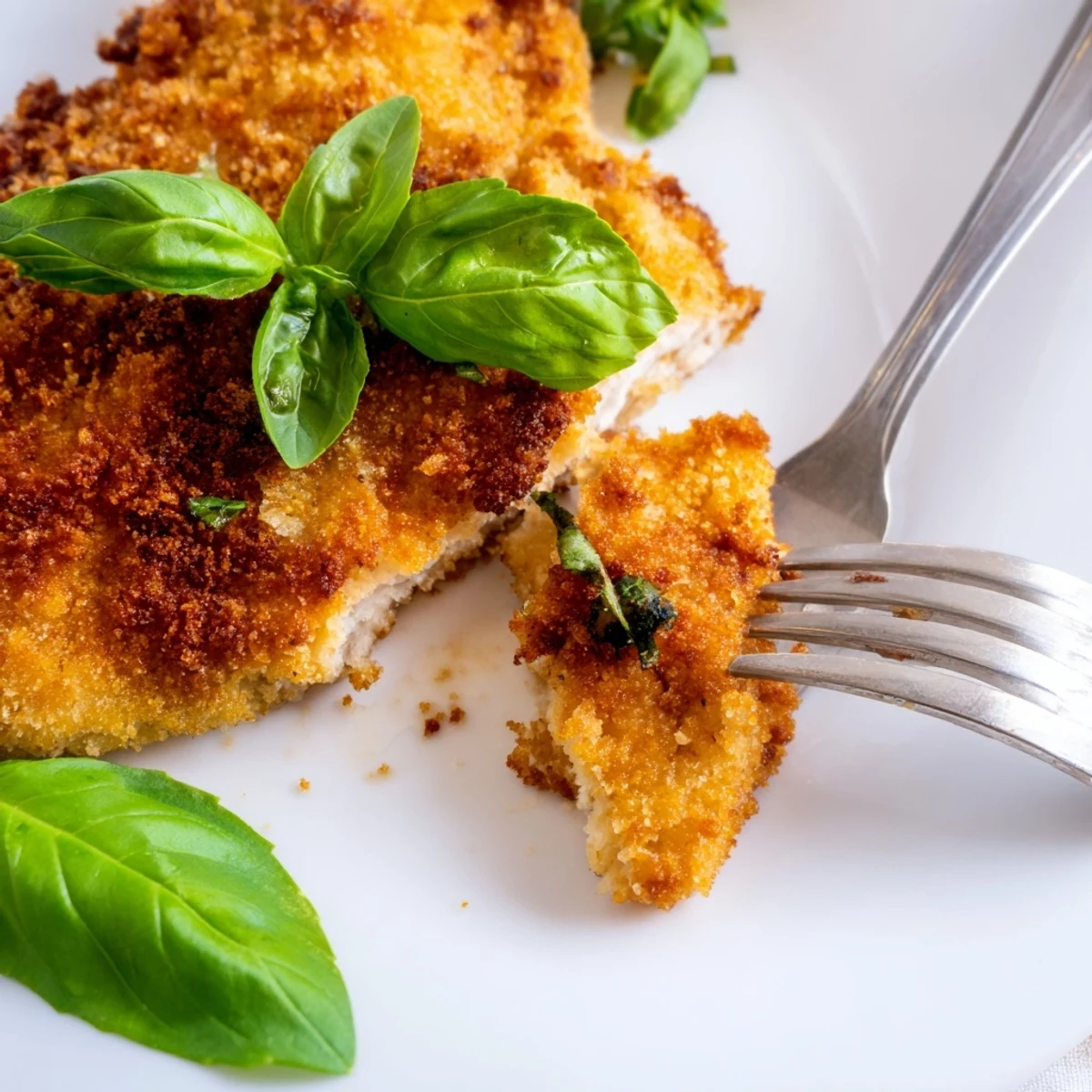 Italian-American chicken cutlets served with lemon wedges and fresh basil on white plate