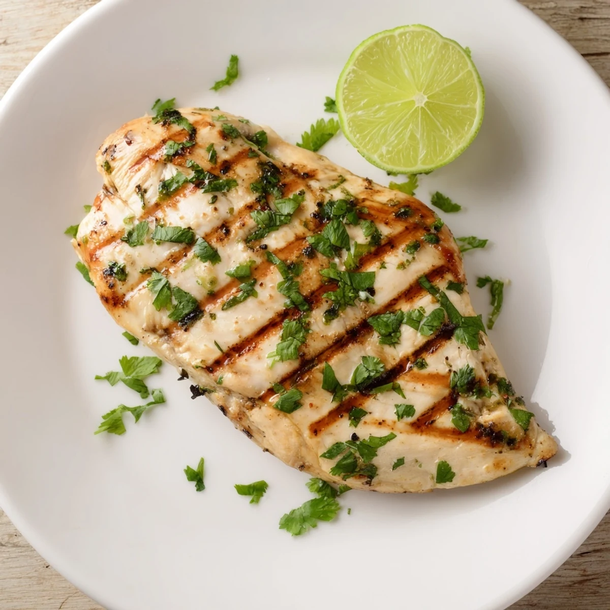 Zesty lime-marinated Key West grilled chicken breast resting beside bright lime wedges on a rustic wooden board