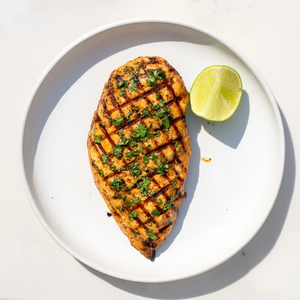 Golden brown Key West grilled chicken with charred grill marks and fresh cilantro garnish on a white plate