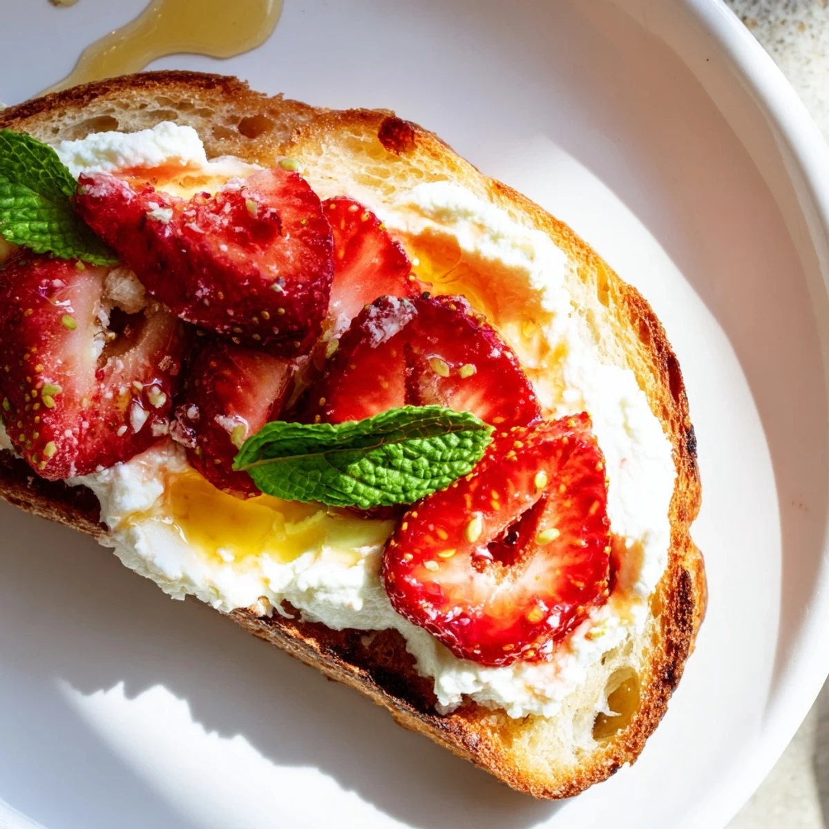 Golden toasted sourdough piled high with creamy whipped ricotta and sweet roasted strawberry topping