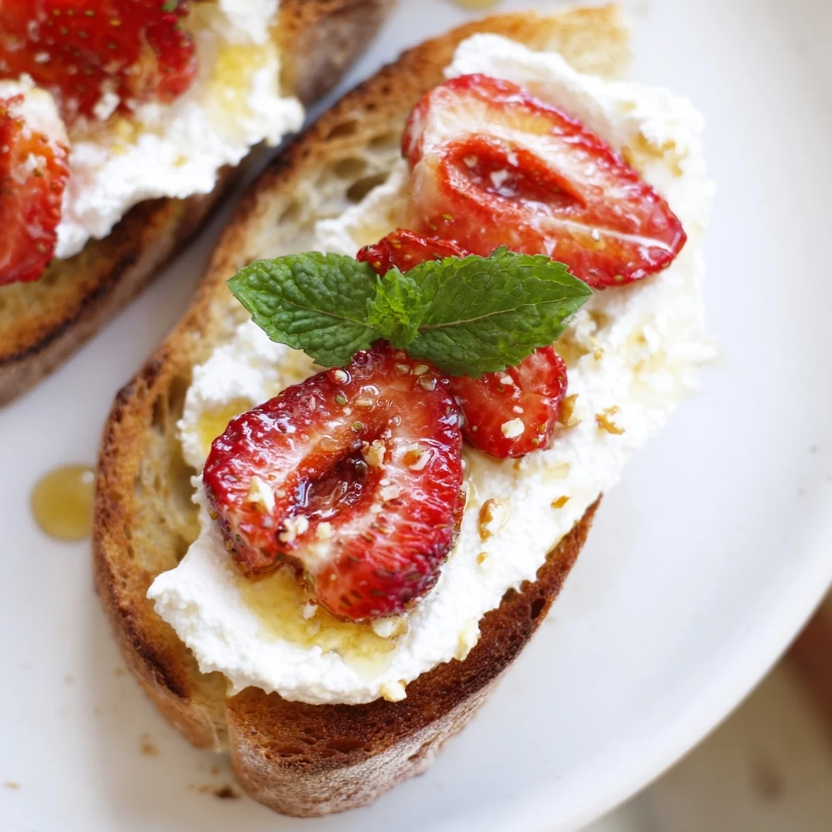Artisan bread slice layered with fluffy lemon ricotta cheese and syrupy caramelized roasted strawberries