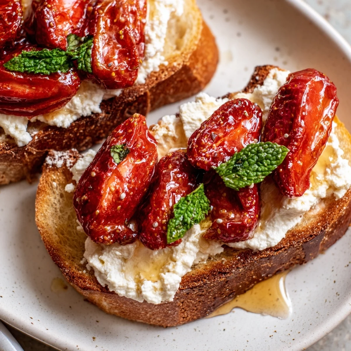 Breakfast toast featuring whipped ricotta spread topped with juicy honey-roasted strawberry halves and mint