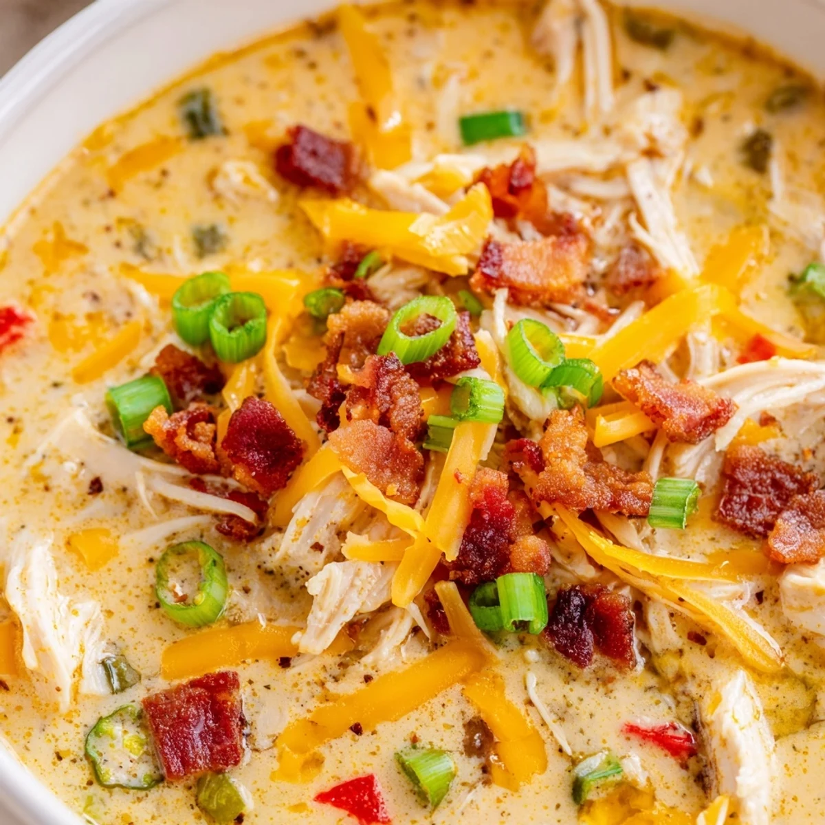 Creamy spicy jalapeno popper chicken soup topped with crumbled bacon, melted cheddar, and sliced green onions