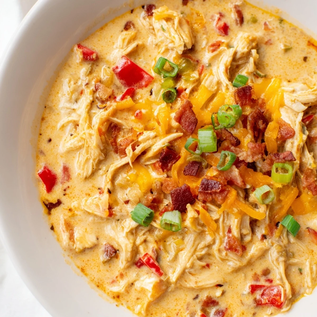 Hearty gluten-free spicy jalapeno popper chicken soup garnished with extra sharp cheddar, fresh jalapeno slices, and crisp bacon