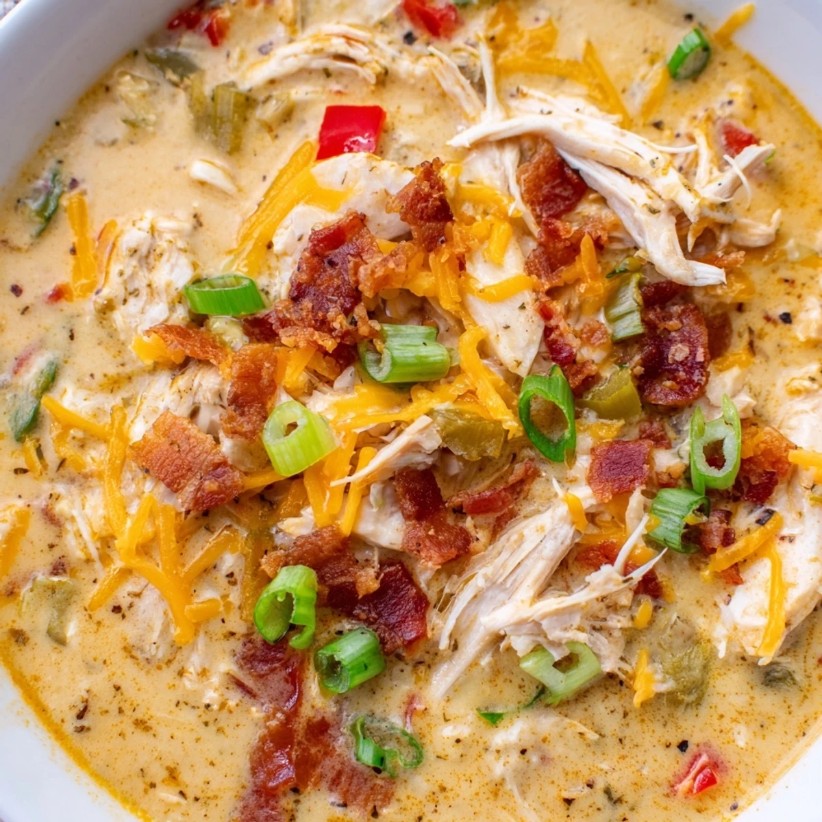 Steamy bowl of spicy jalapeno popper chicken soup featuring tender shredded chicken, diced peppers, and rich cream cheese base