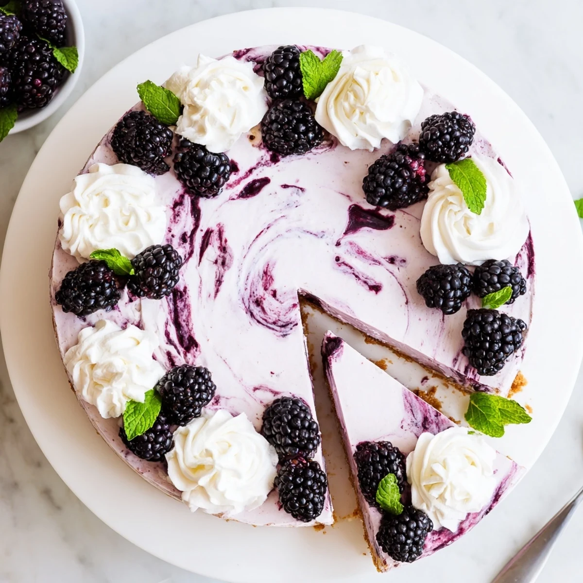 Velvety cheesecake swirled with vibrant blackberry compote served with fresh mint garnish