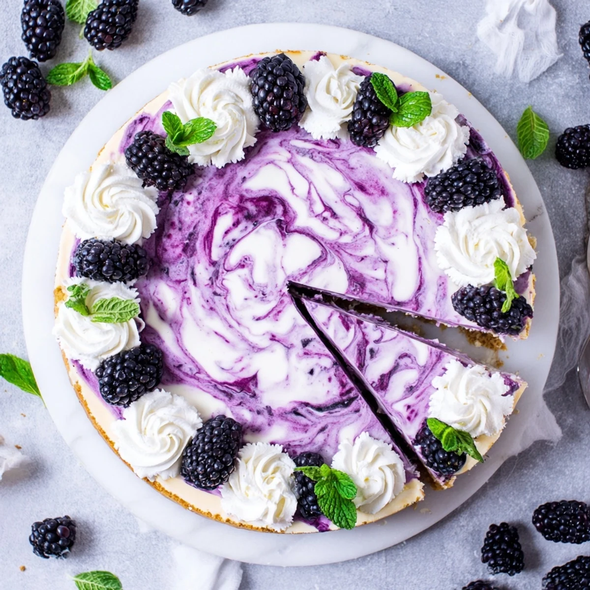 Creamy Blackberry Bliss Cheesecake with tangy berry swirls on golden graham cracker crust