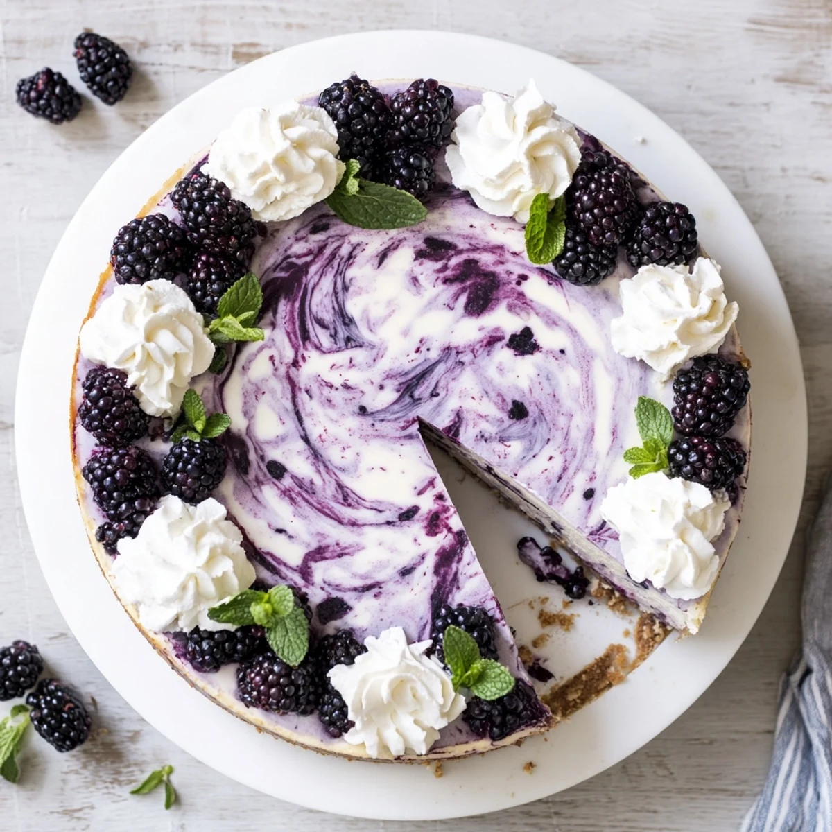 Slice of Blackberry Bliss Cheesecake showing marbled purple fruit pattern on buttery crust