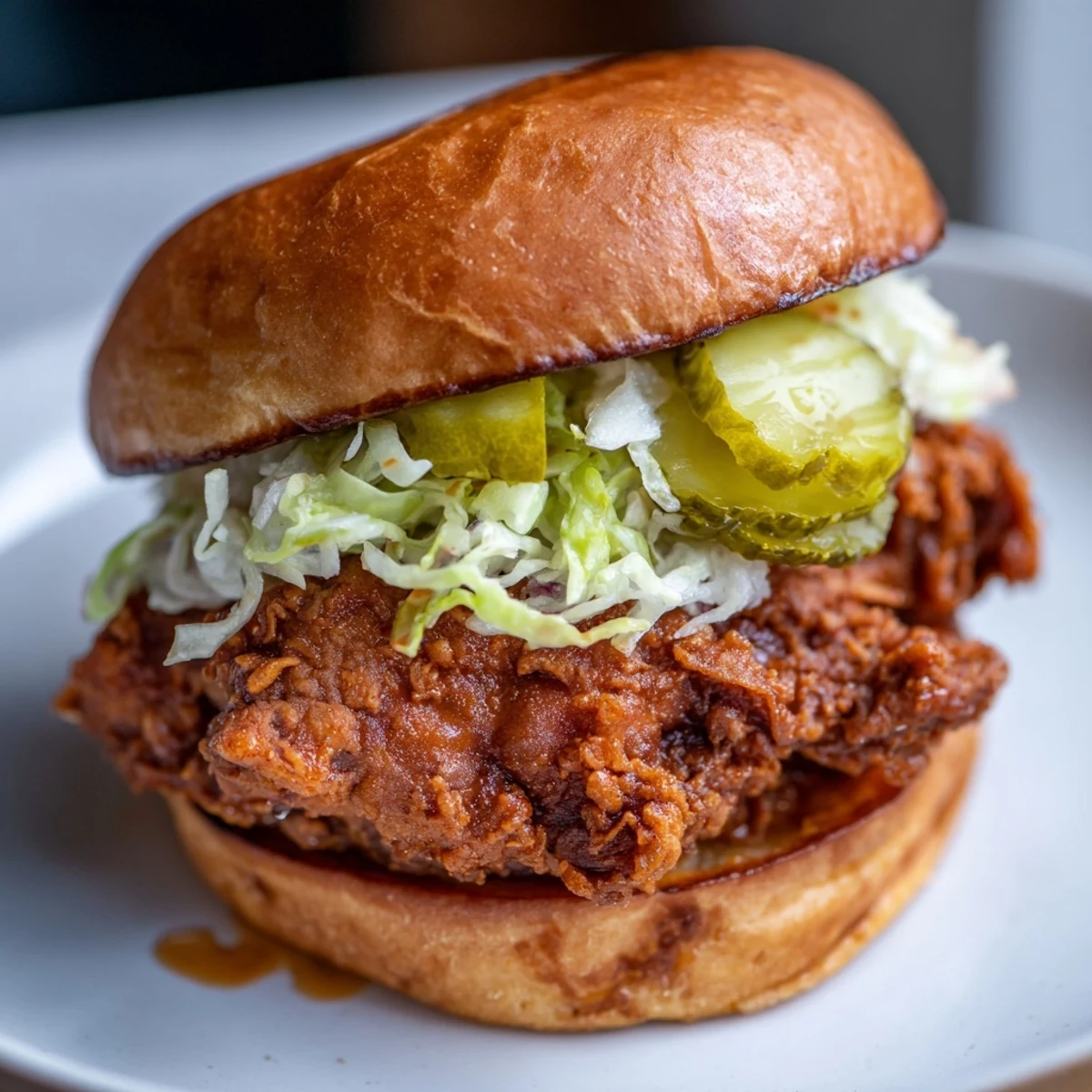 Golden pickle brined fried chicken sandwich with crispy coating on toasted brioche bun