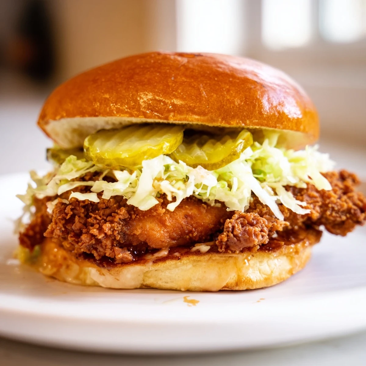 Homemade pickle brined fried chicken sandwich served with dill pickles on soft potato bun