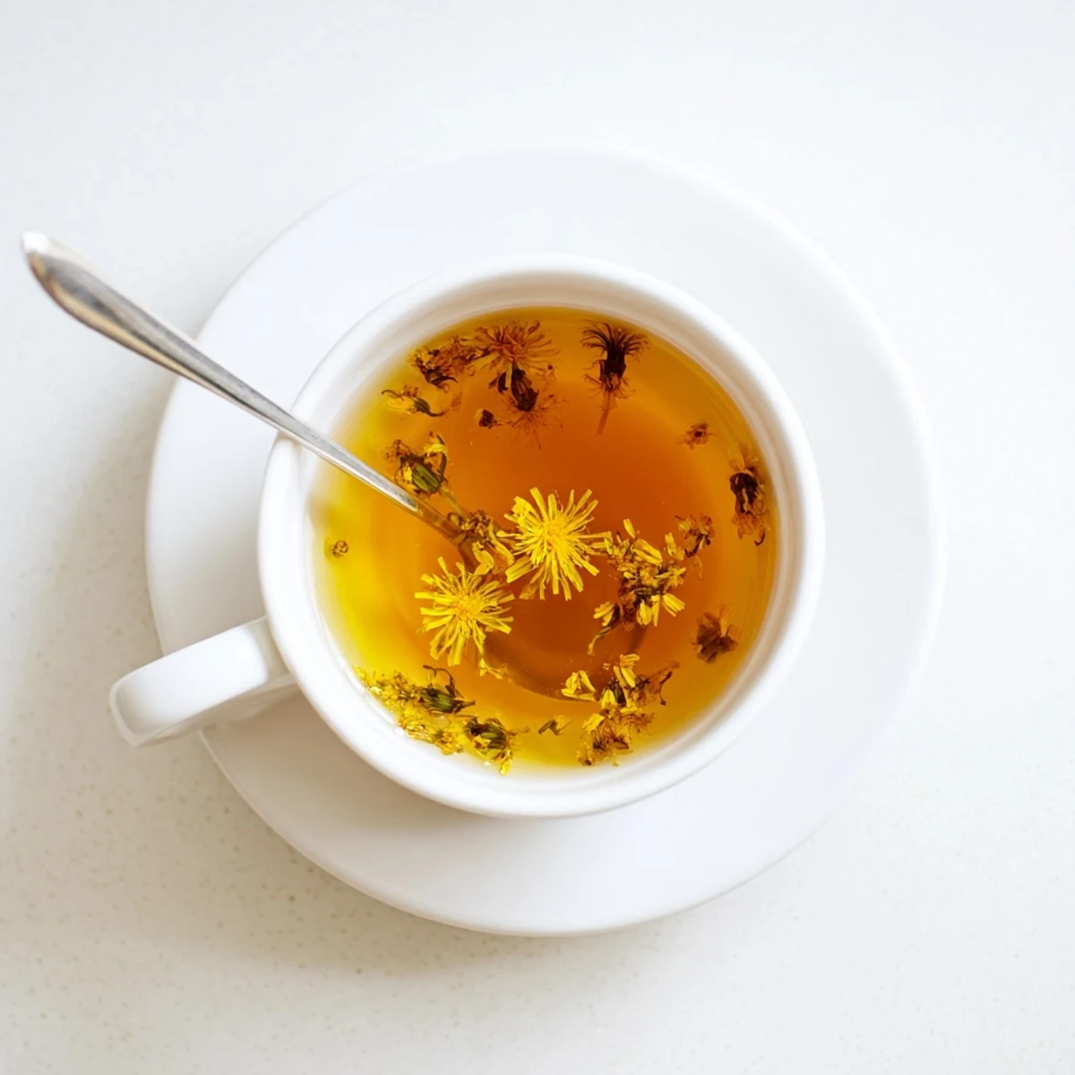 Cozy dandelion tea poured into rustic stoneware bowl surrounded by freshly harvested yellow flowers and green leaves