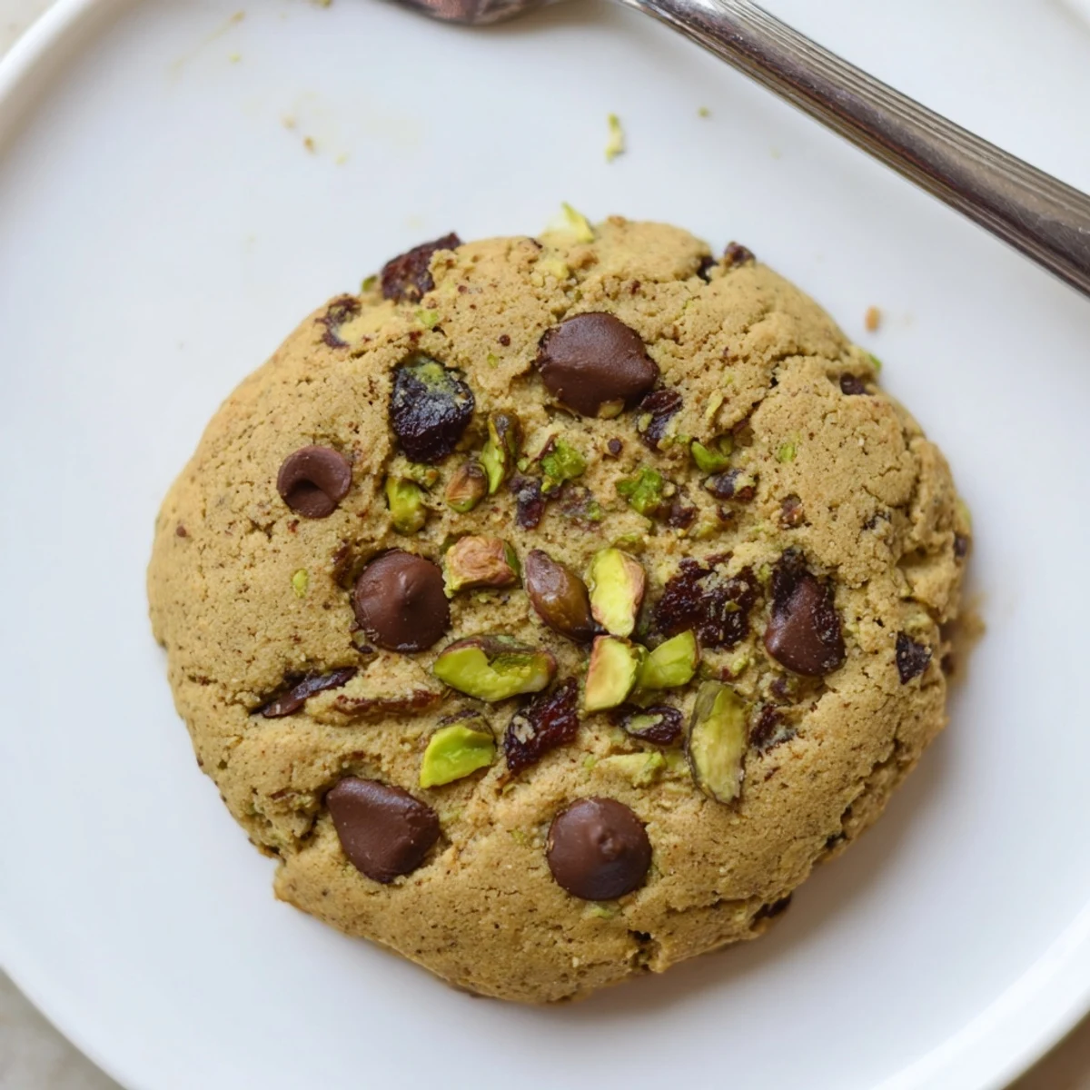 Golden brown Dubai chewy cookie studded with green pistachios and chopped sweet dates