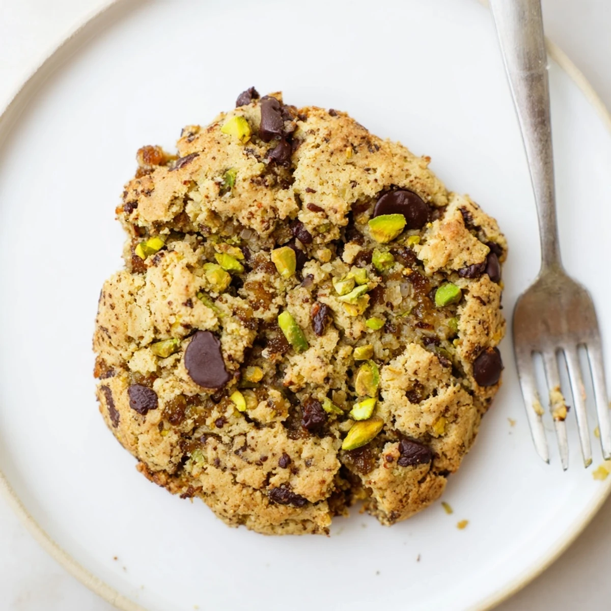 Soft chewy Dubai cookie with cardamom spiced dough and melted chocolate chips on white plate