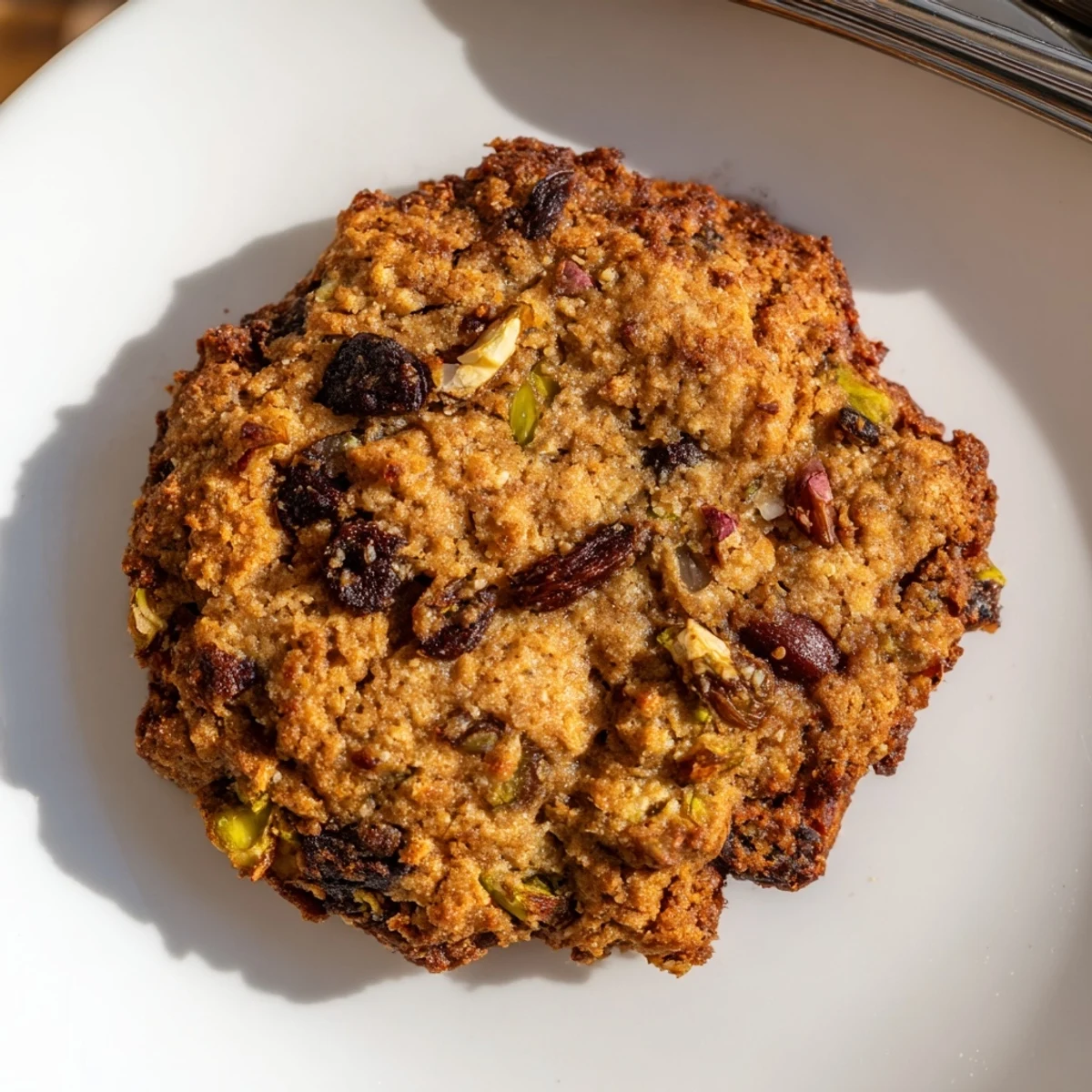 Middle Eastern Dubai chewy cookie broken open revealing tender pistachios and date pieces inside