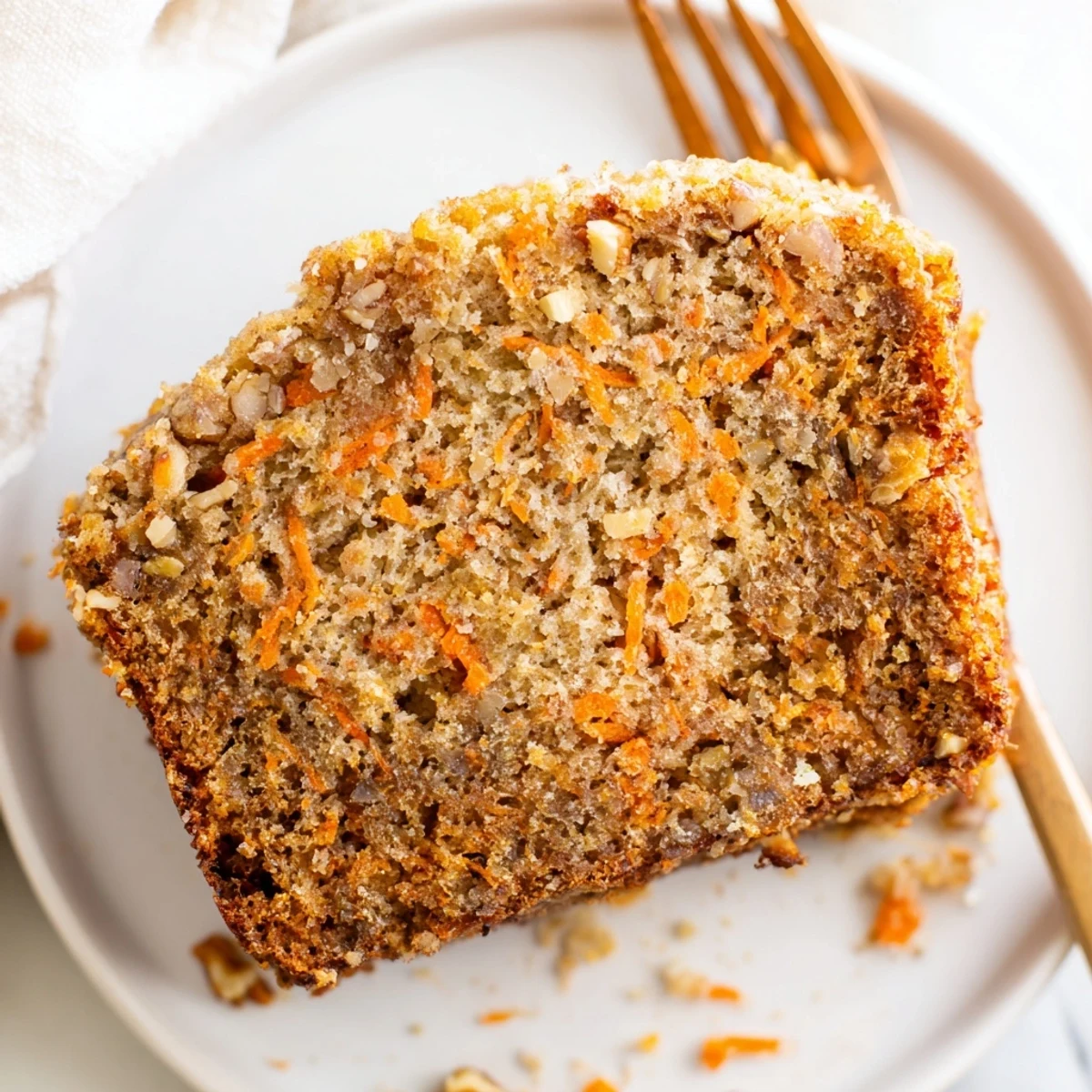 Golden brown carrot cake banana bread loaf studded with grated carrots and chopped walnuts