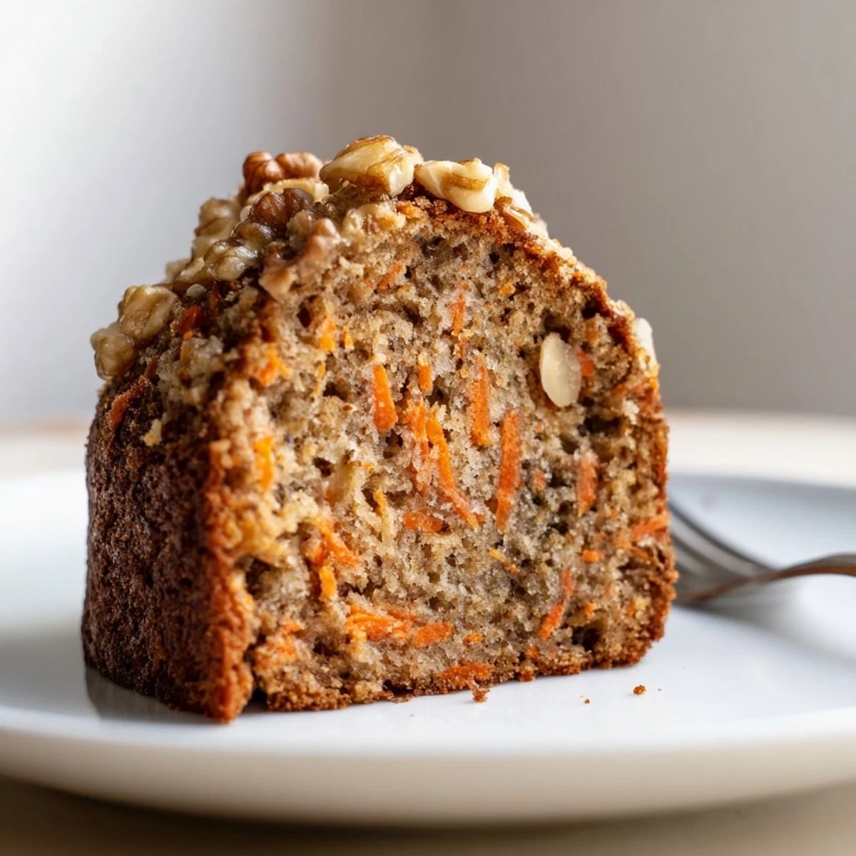Moist spiced carrot cake banana bread slice with cream cheese frosting on a white plate