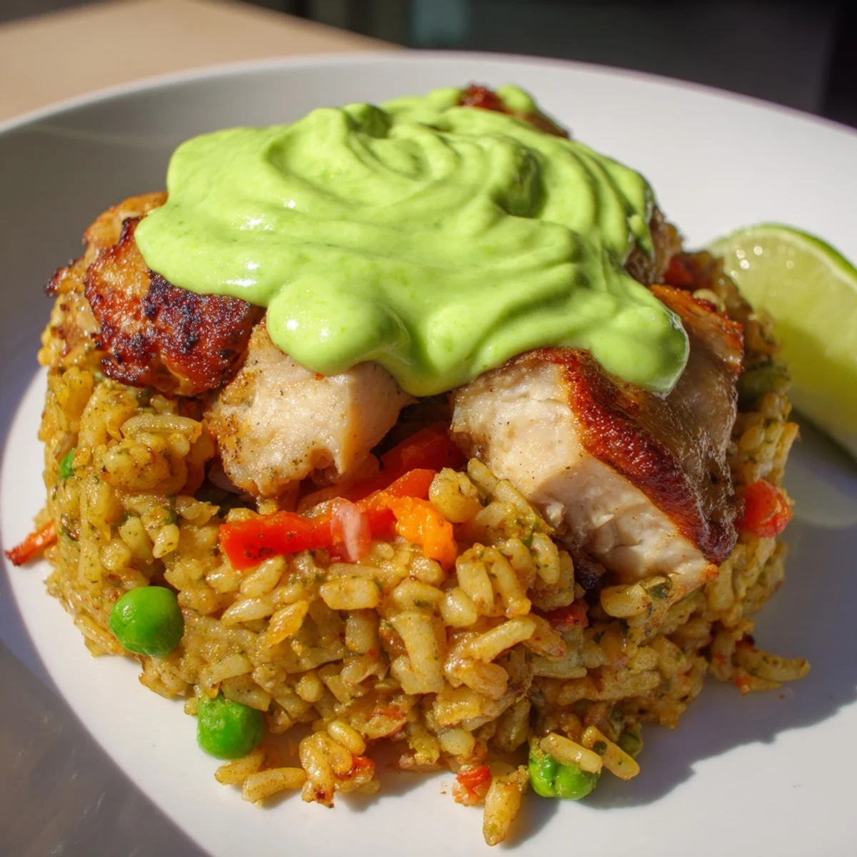 Golden Peruvian chicken rice drizzled with vibrant green sauce and fresh lime wedges