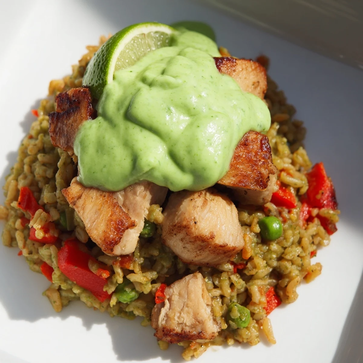 Juicy chicken thighs nestled in fluffy cilantro rice topped with creamy Peruvian green sauce